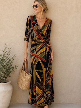 Wrap Maxi Dress Small Abstract Print Boho Vacation Resort Flowy Flattering